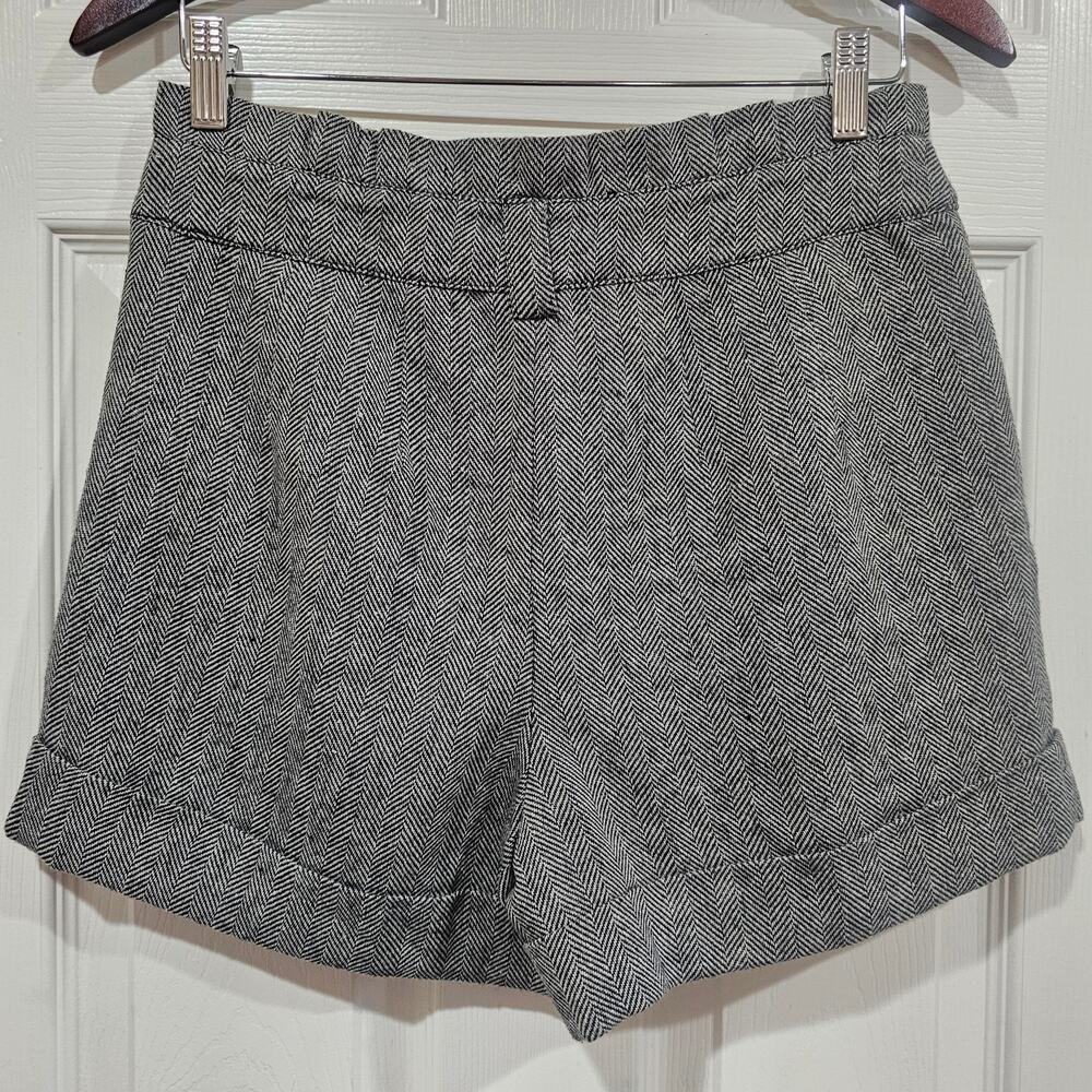 Dark Academia Herringbone Wool Blend Shorts High Waist Gray Medium - Picture 2 of 5